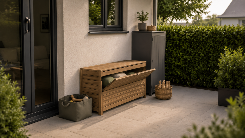 Integrierter Stauraum auf kleiner Terrasse mit Sitzbank, Außenschrank und geordneten Kissen