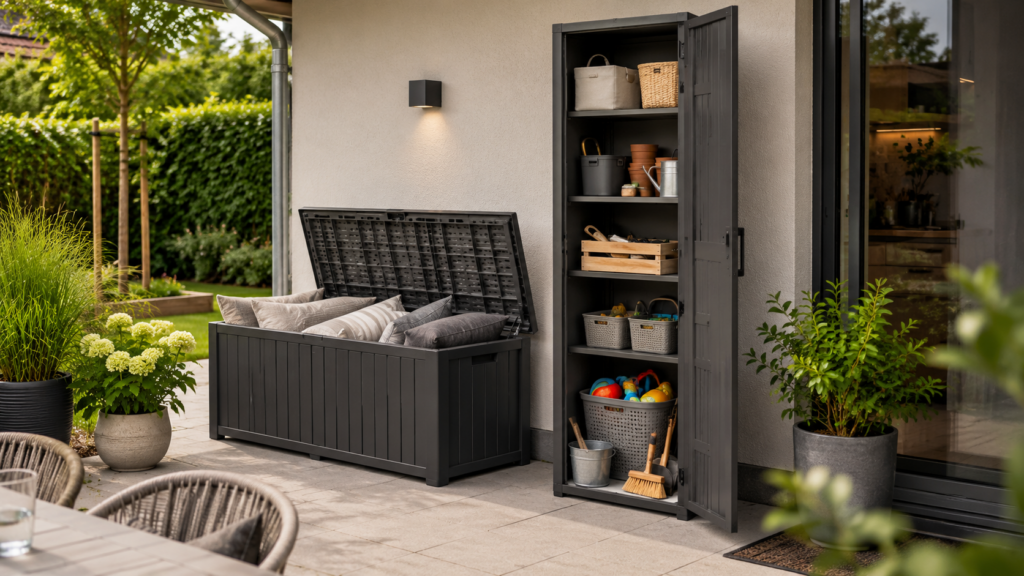 Wetterfeste Terrassenaufbewahrung mit Kissenbox, Außenschrank und geordnetem Zubehör