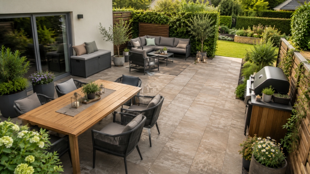 Terrasse mit Essbereich, Lounge, Stauraum, Grillzone und freiem Gartenweg