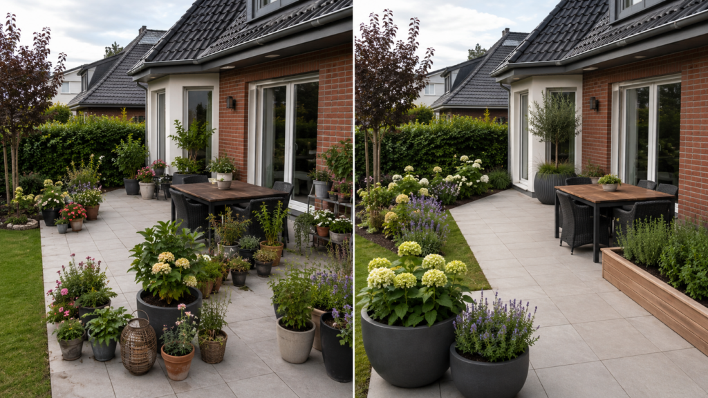 Vorher-nachher-Vergleich einer Terrasse mit vielen kleinen Töpfen und einer klar gegliederten Bepflanzung