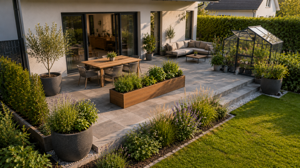 Terrasse mit fünf klar gegliederten Pflanzenzonen für Kübel, Sichtschutz, Kräuter, Stauden und Anzucht.Terrassengestaltung mit Pflanzen