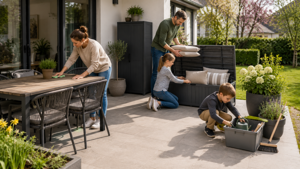 Familie führt einen saisonalen Terrassen-Reset mit Kissen, Möbeln und Aufbewahrungsboxen durch