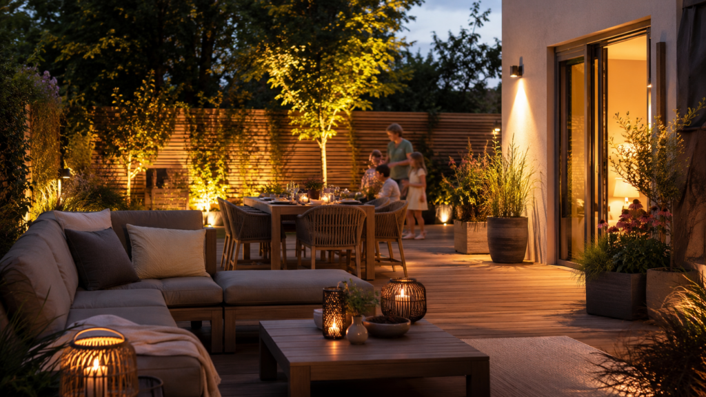 Terrasse im Urlaub zu Hause mit Lounge, warmem Licht und ruhiger Abendstimmung
