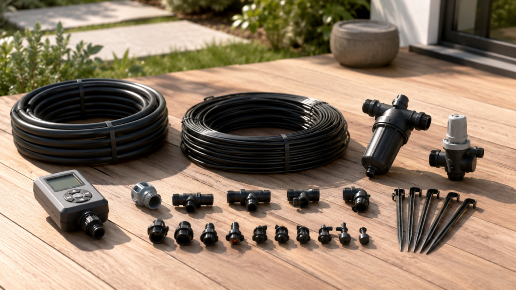 Material für Tropfbewässerung im Garten mit Tropfschlauch Druckminderer Filter und Bewässerungscomputer