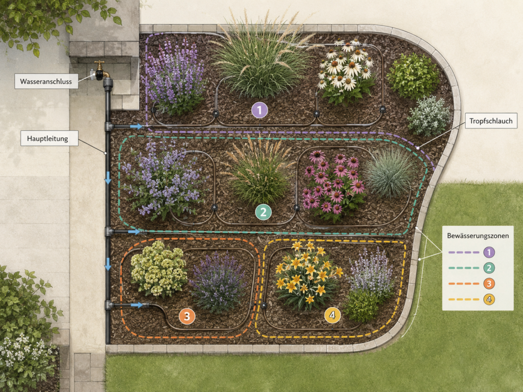 Planungsskizze für Tropfbewässerung im Garten mit Bewässerungszonen