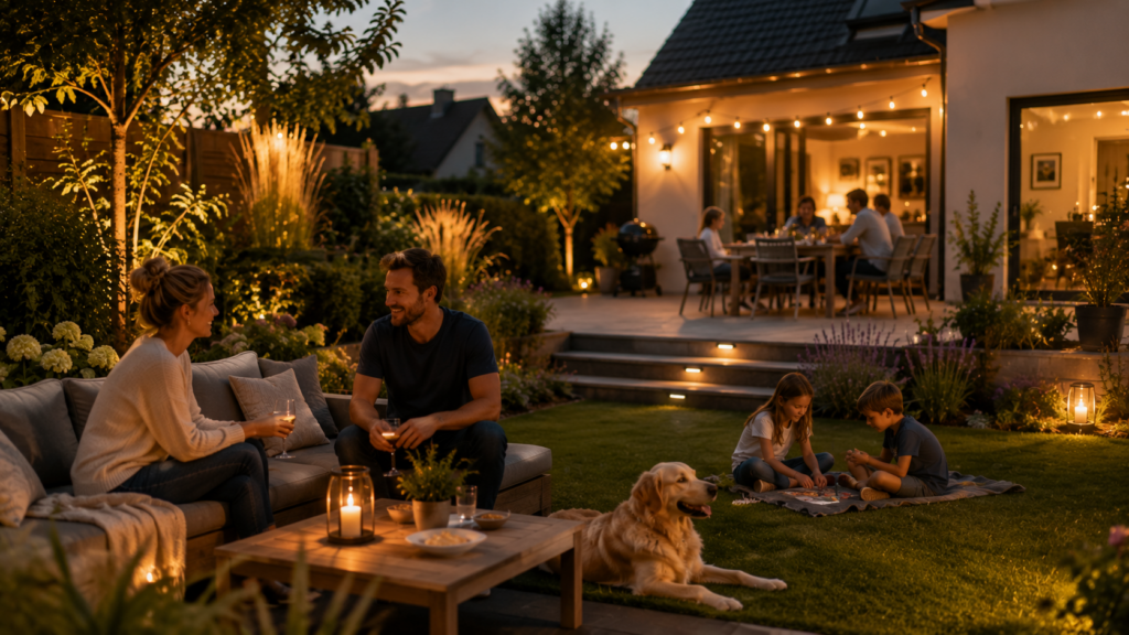 Familie genießt ruhigen Urlaub zu Hause mit Garten, Terrasse und mehr Zeitwohlstand