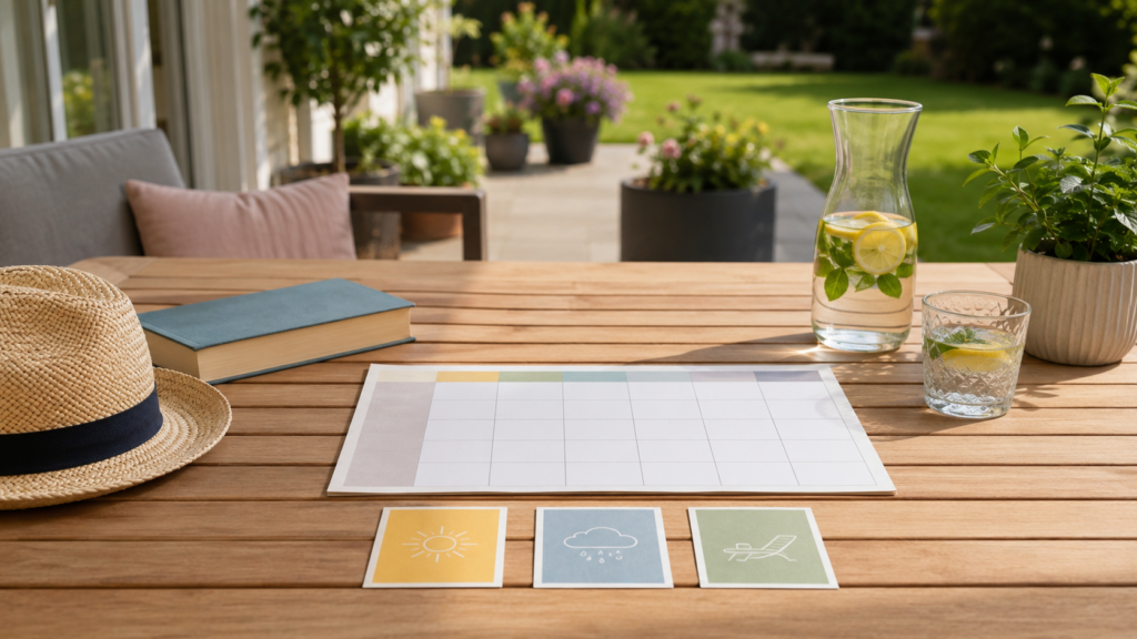 Urlaub zu Hause mit Wochenplan für Sonne, Regen und Erholung vorbereiten