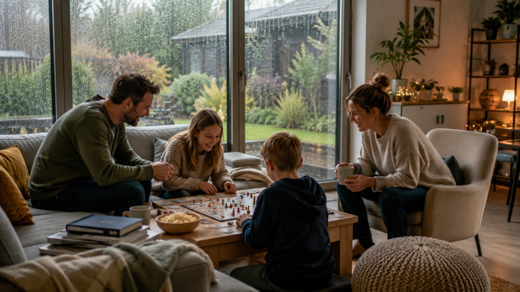 Urlaub zu Hause bei Regen mit Spielen, Büchern und Familienzeit