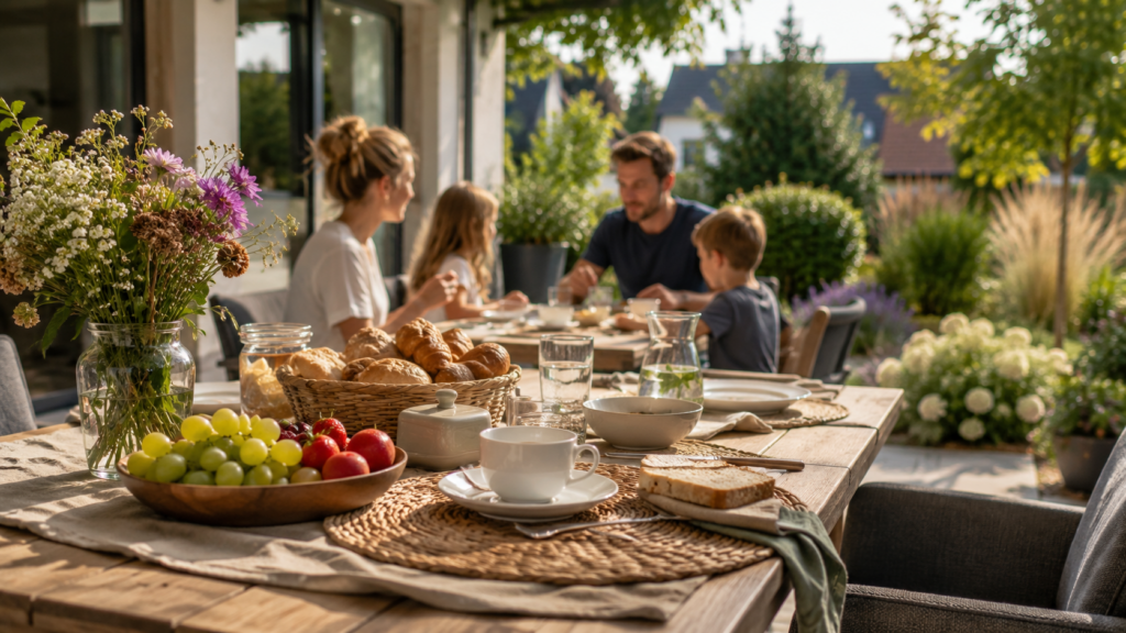 Urlaubsfrühstück im Garten als einfache Idee für Ferien zu Hause
