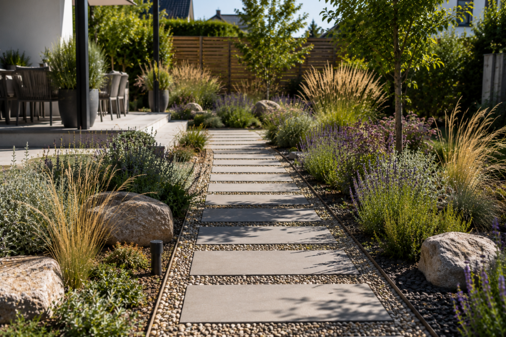 Versickerungsfähiger Gartenweg im trockenen Garten mit Kies, Gräsern und Natursteinplatten