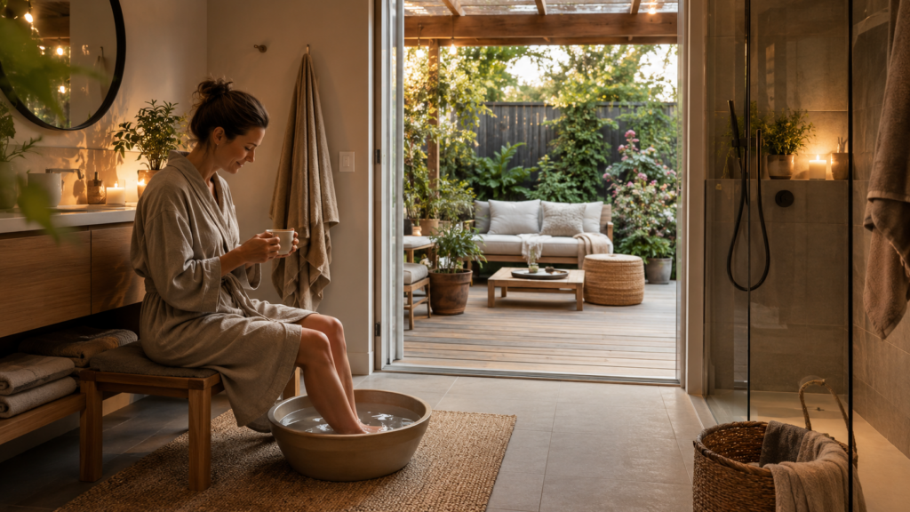 Wellness zu Hause mit warmem Licht, Wasser, Pflanzen und ruhiger Atmosphäre
