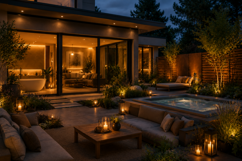 Wellness Zuhause mit Gartenlounge warmem Licht Sichtschutz und ruhiger Abendstimmung