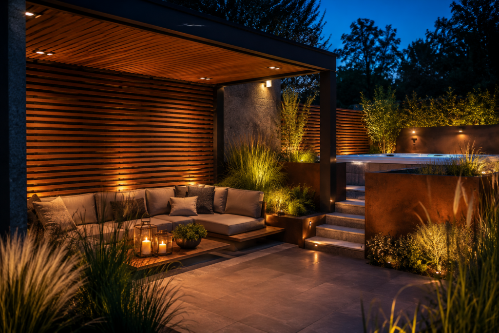Wellnessbereich zuhause im Garten mit Sichtschutz Gräsern Cortenstahl und warmer Beleuchtung