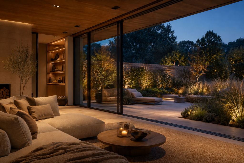 Wellnessbereich zuhause gestalten mit Wohnbereich Terrasse Gartenlounge und ruhiger Abendstimmung