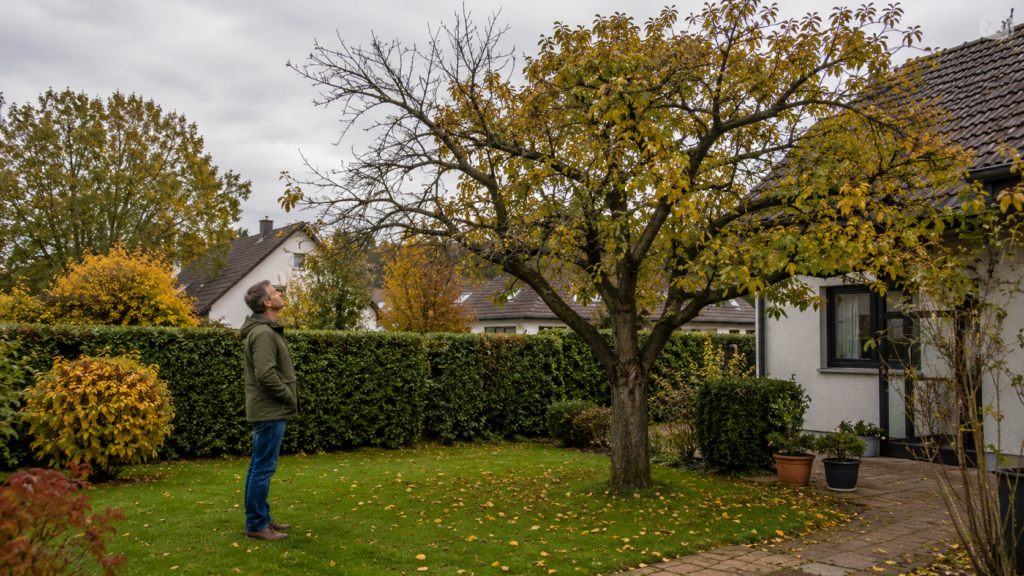 Baum im Garten vor der Sturmsaison vom Boden aus auf sichtbare Schäden kontrollieren