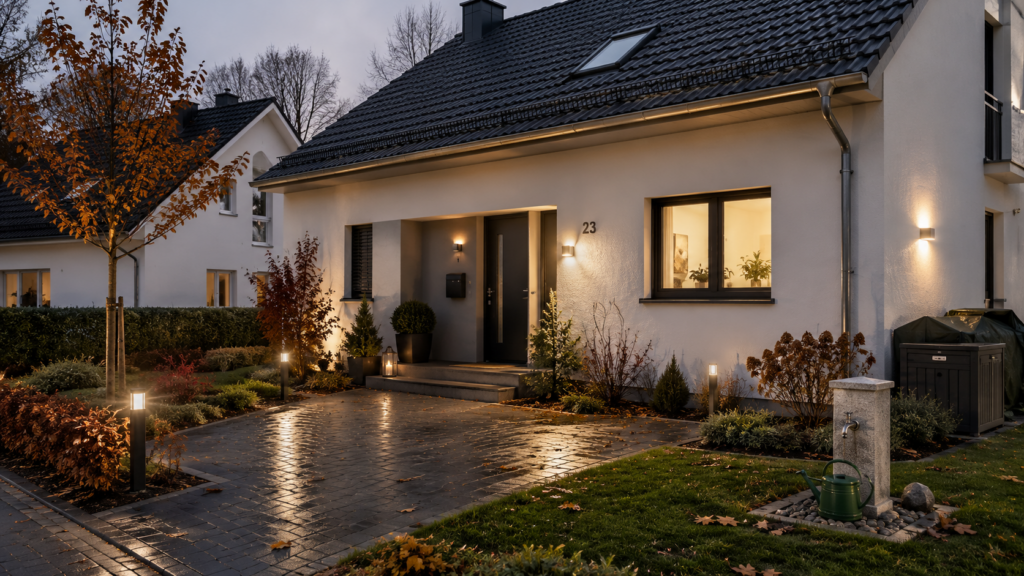 Winterfest vorbereitetes Einfamilienhaus mit sicheren Wegen und aufgeräumtem Außenbereich