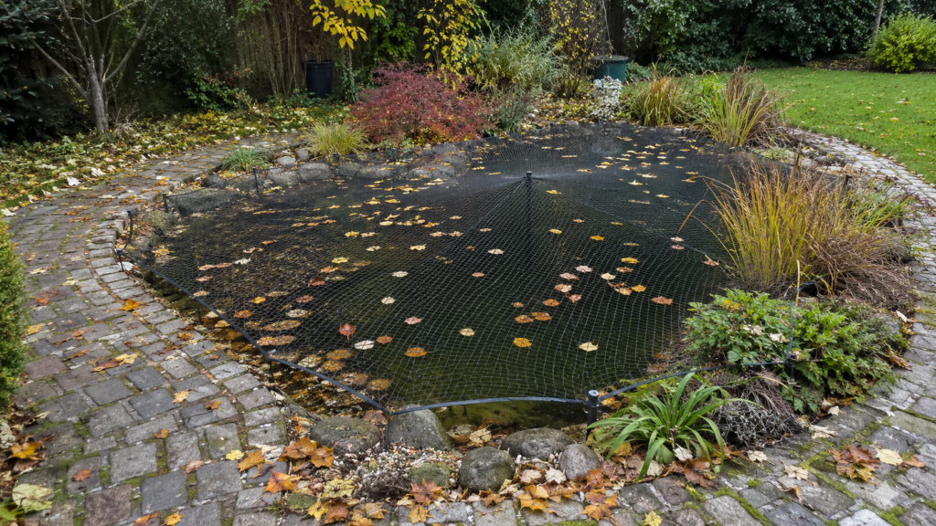 Laubschutznetz straff und sicher über einem Gartenteich befestigen
