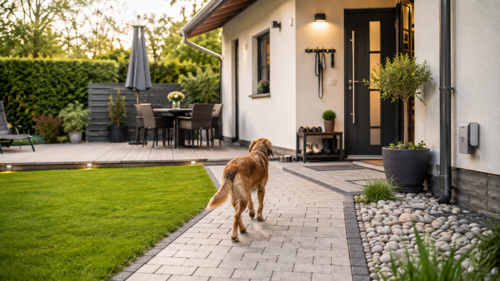 Zuhause mit Hund mit befestigtem Gartenweg, Terrasse und sauberem Hauseingang