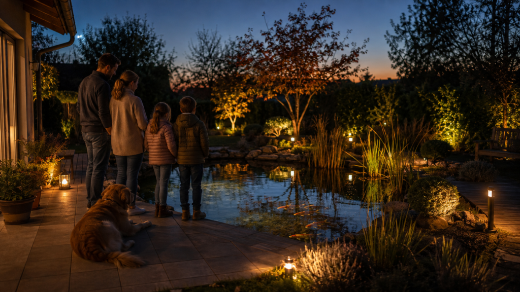 Familie genießt einen gepflegten und winterfest vorbereiteten Gartenteich am Abend
