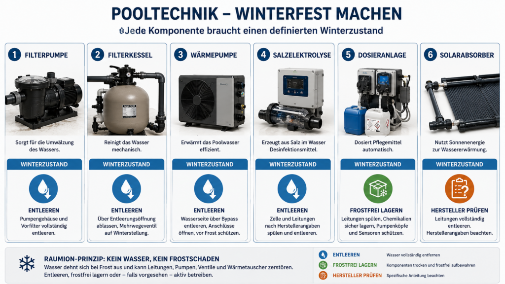Pooltechnik mit Filterpumpe, Wärmepumpe und Dosieranlage für den Winter vorbereiten