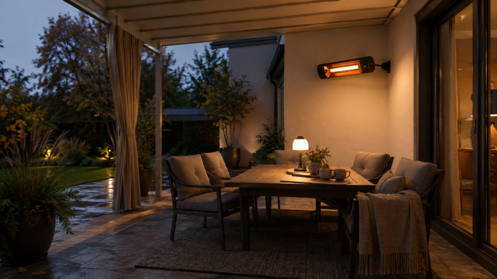 Gezielt ausgerichteter Infrarotstrahler über einer Herbstterrasse