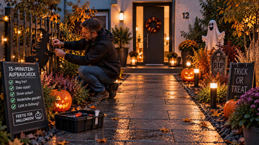 Halloween-Deko vor dem Abend mit einem kurzen Sicherheitscheck kontrollieren