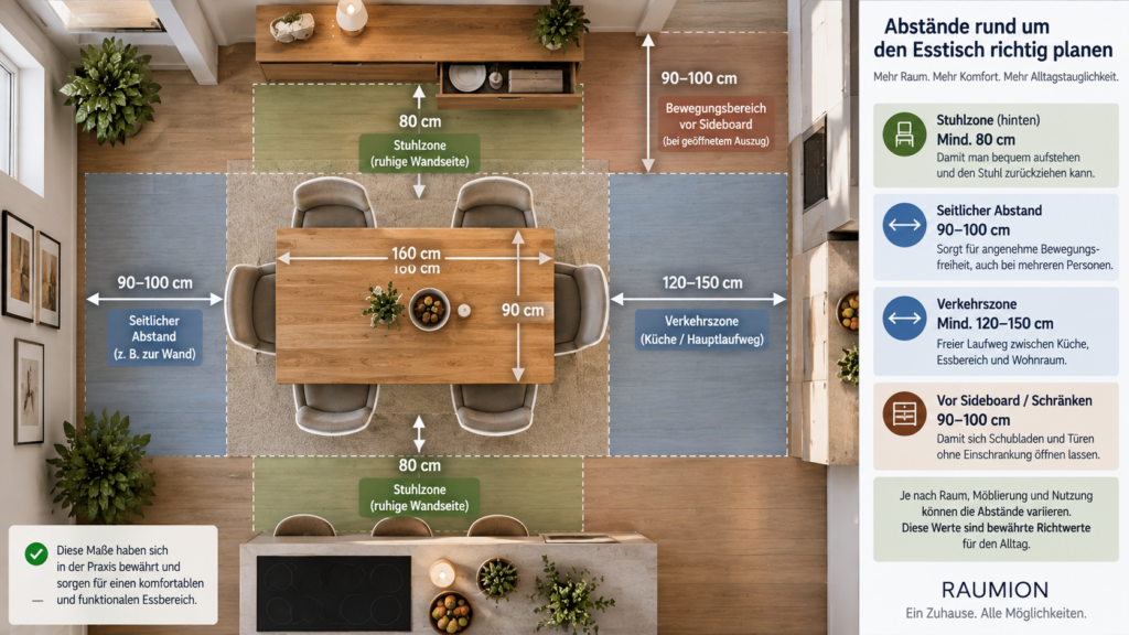 Grundriss mit Abständen zwischen Esstisch, Wand, zurückgeschobenen Stühlen, Laufweg und Sideboard.Esstisch richtig planen