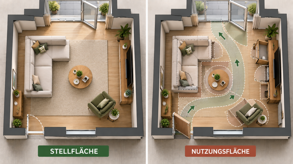 Wohnzimmer Grundriss mit Stellfläche und tatsächlicher Nutzungsfläche vergleichen