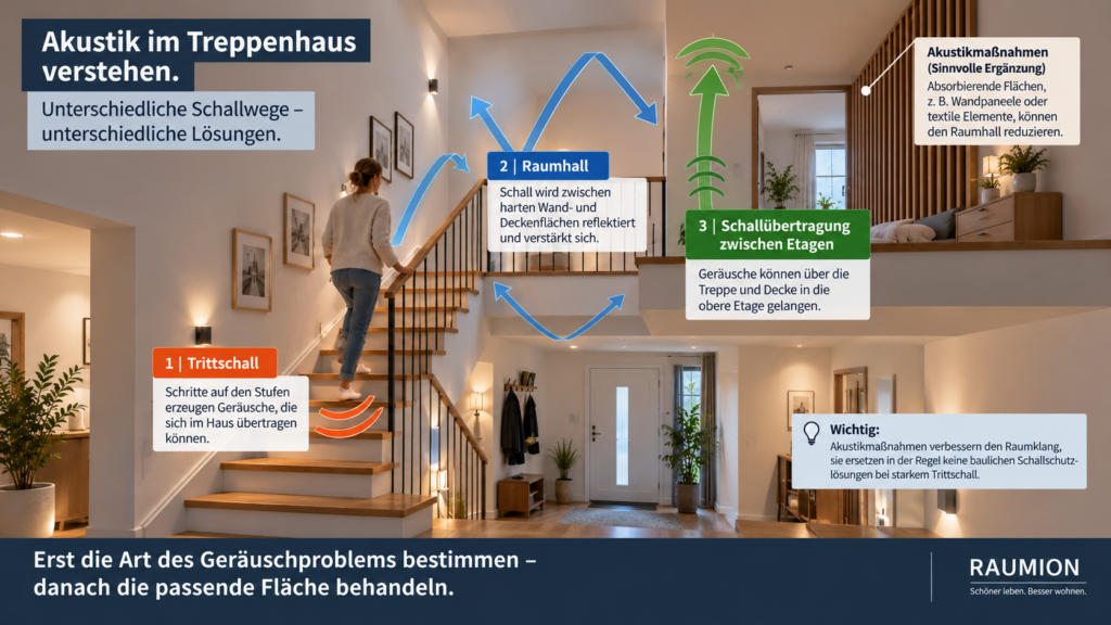 Schallwege für Trittschall und Hall in einem offenen Treppenhaus