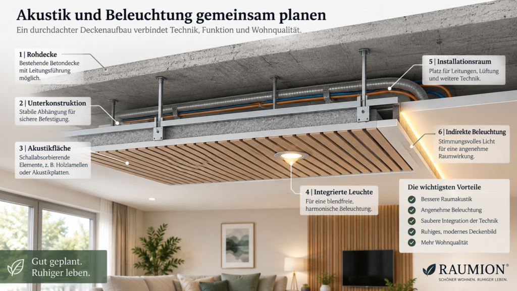 Querschnitt einer Akustikdecke mit Beleuchtung, Unterkonstruktion und Installationsraum