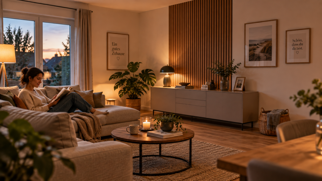 Ruhiges Wohnzimmer mit klar proportionierter Akustikpaneel-Wandgestaltung