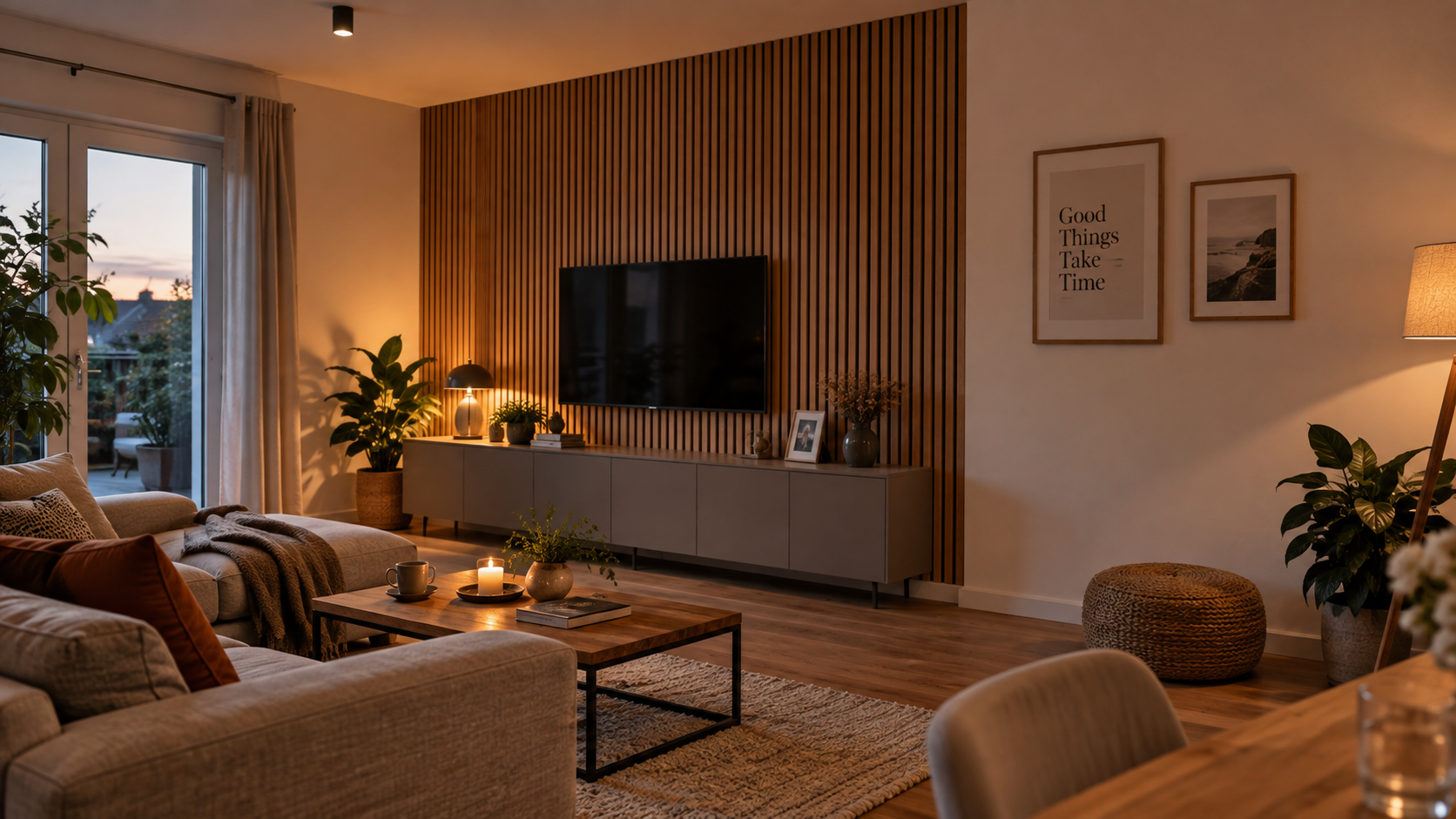 Wohnzimmer mit Holzlamellen als gestaltete TV-Wand und ruhigen angrenzenden Wandflächen