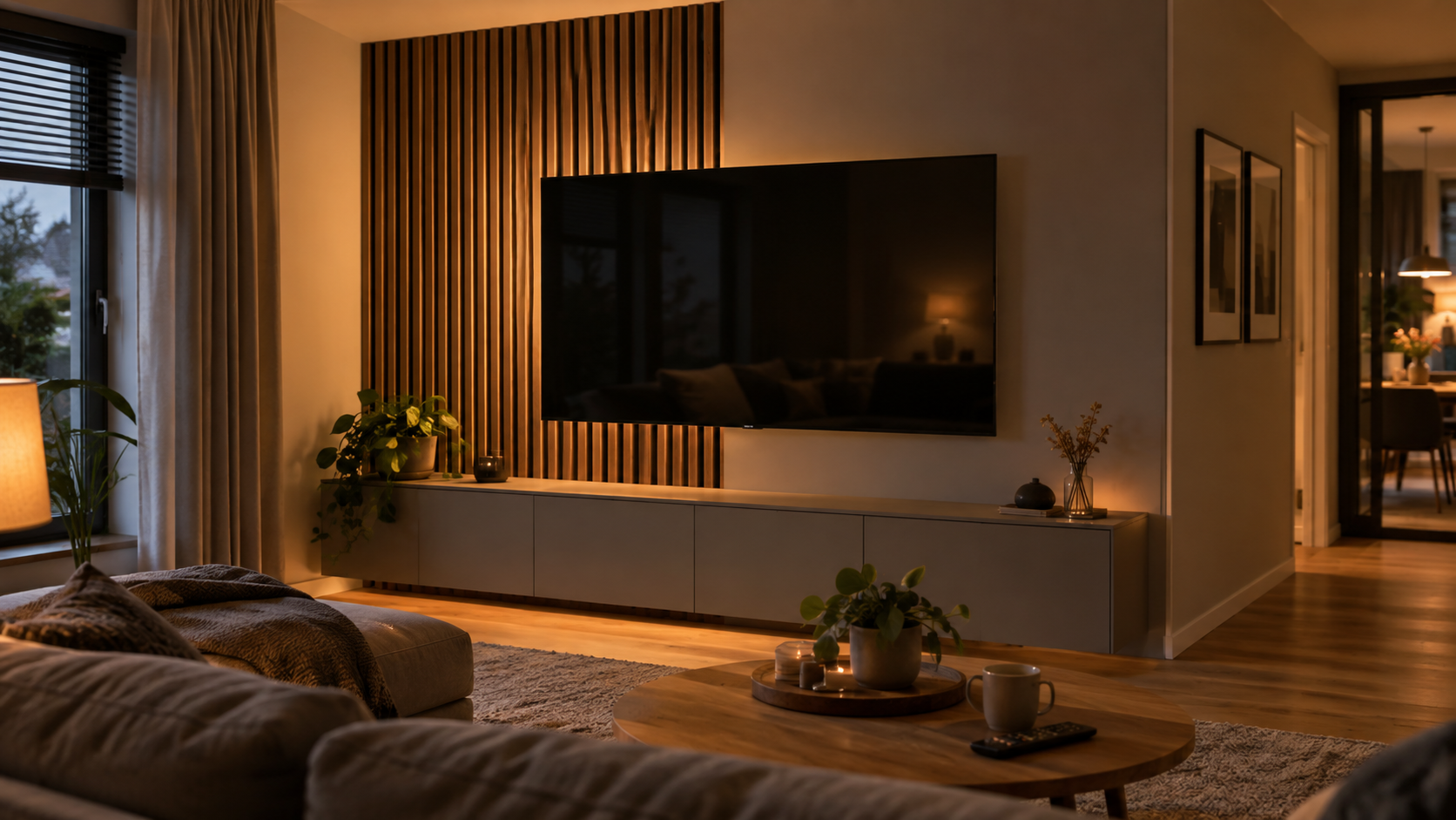 Akustikpaneele an einer ruhig gestalteten TV-Wand mit Lowboard