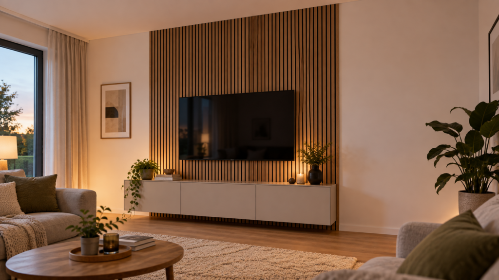 kustikpaneele an der TV-Wand bis zur Decke geführt
