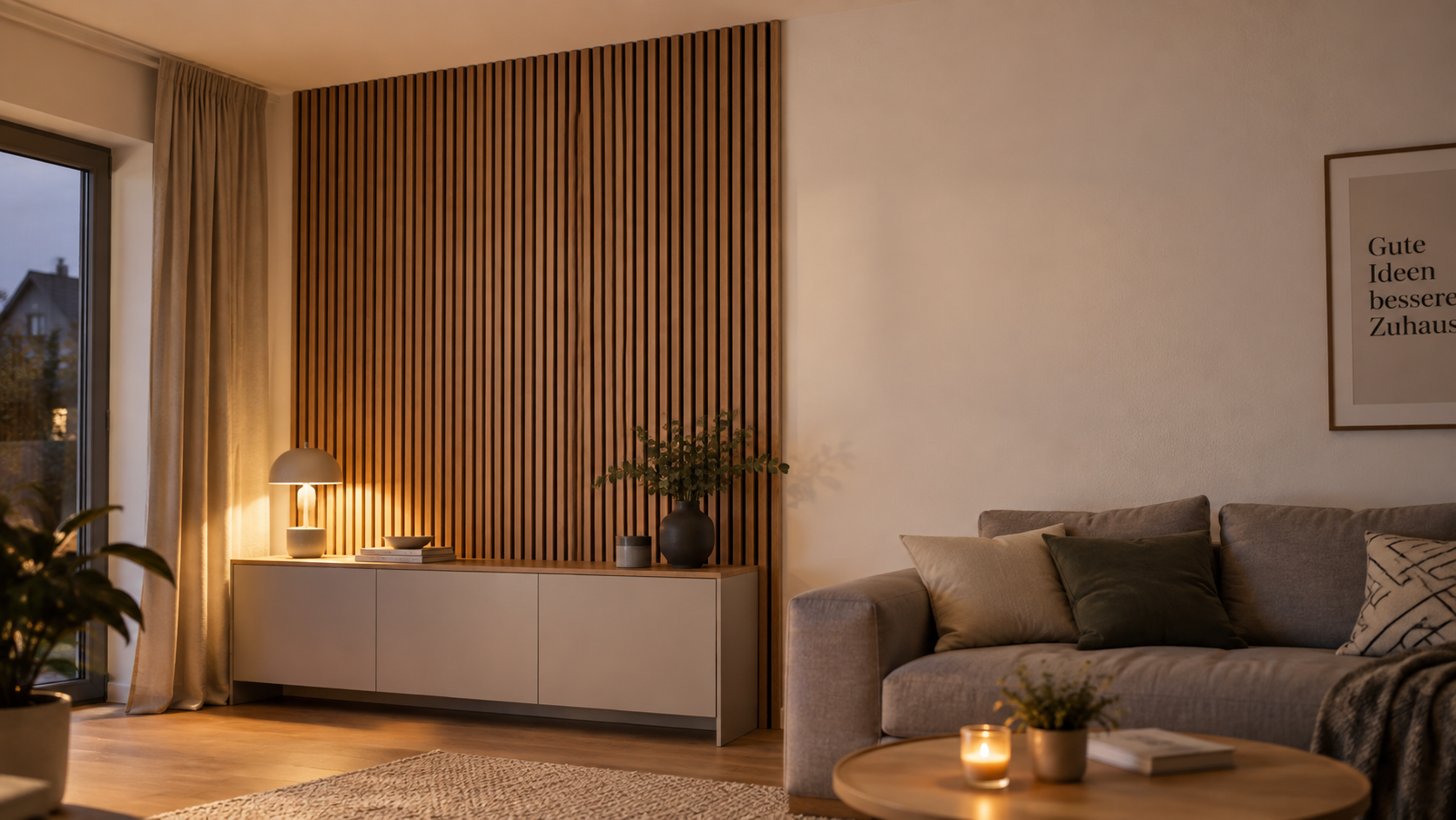 Wohnzimmer mit deckenhohen Akustikpaneelen hinter einem Sideboard.