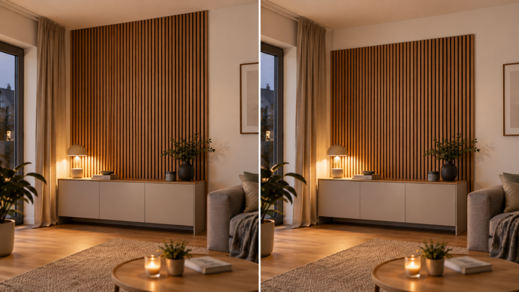 Vergleich Akustikpaneele bis zur Decke und Akustikpaneele mit Abstand zur Decke.Akustikpaneele bis zur Decke führen