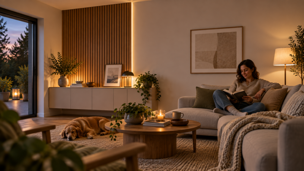 Akustikpaneele mit integrierter warmweißer LED-Beleuchtung in einem ruhigen Wohnzimmer
