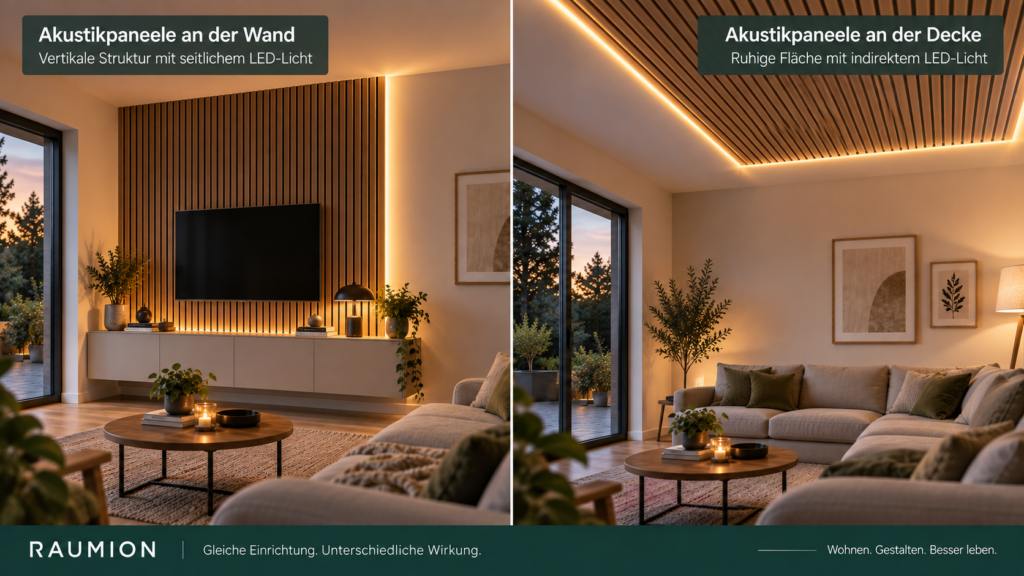 Vergleich von LED-beleuchteten Akustikpaneelen an Wand und Decke
