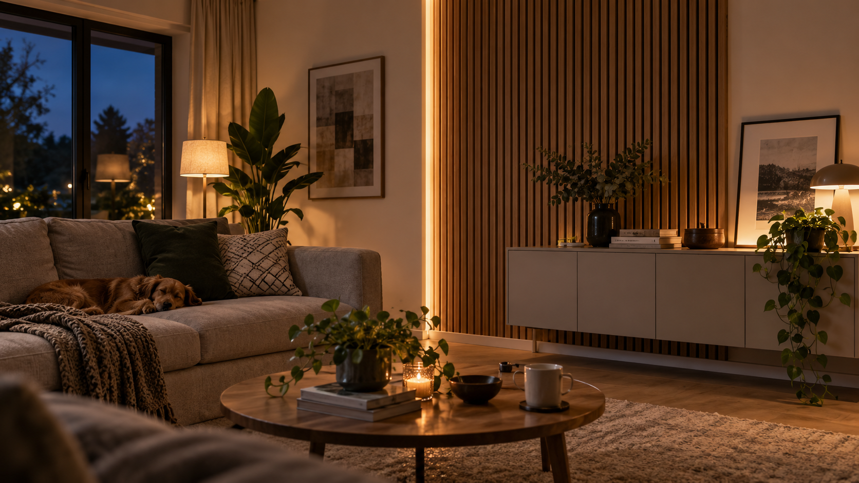 Gemütliches Wohnzimmer mit Holz-Akustikpaneelen und warmweißer indirekter LED-Beleuchtung