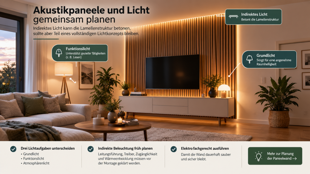 Akustikpaneele mit dezenter indirekter Beleuchtung im Wohnzimmer