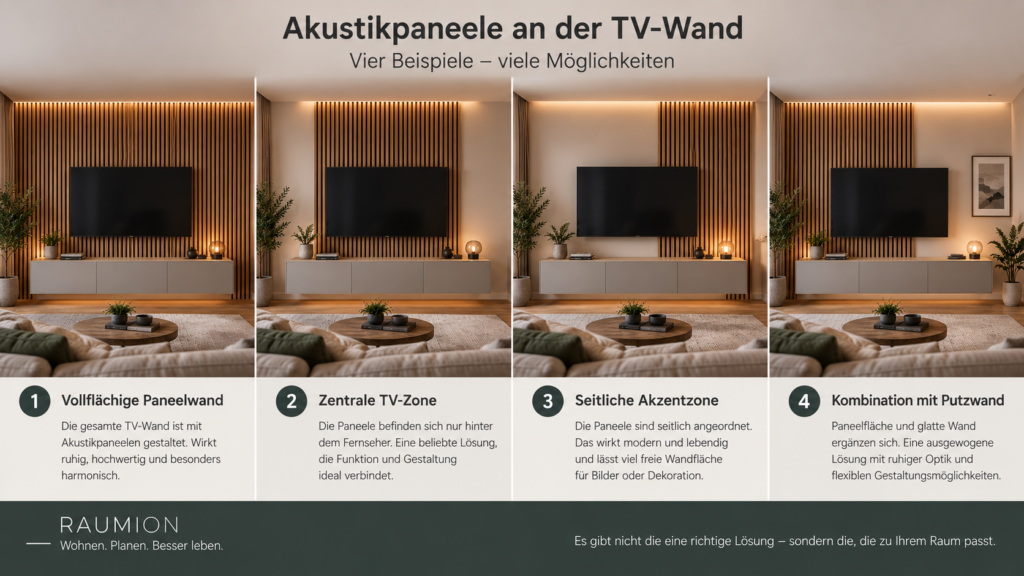 Vergleich verschiedener Flächenanteile von Akustikpaneelen an einer TV-Wand