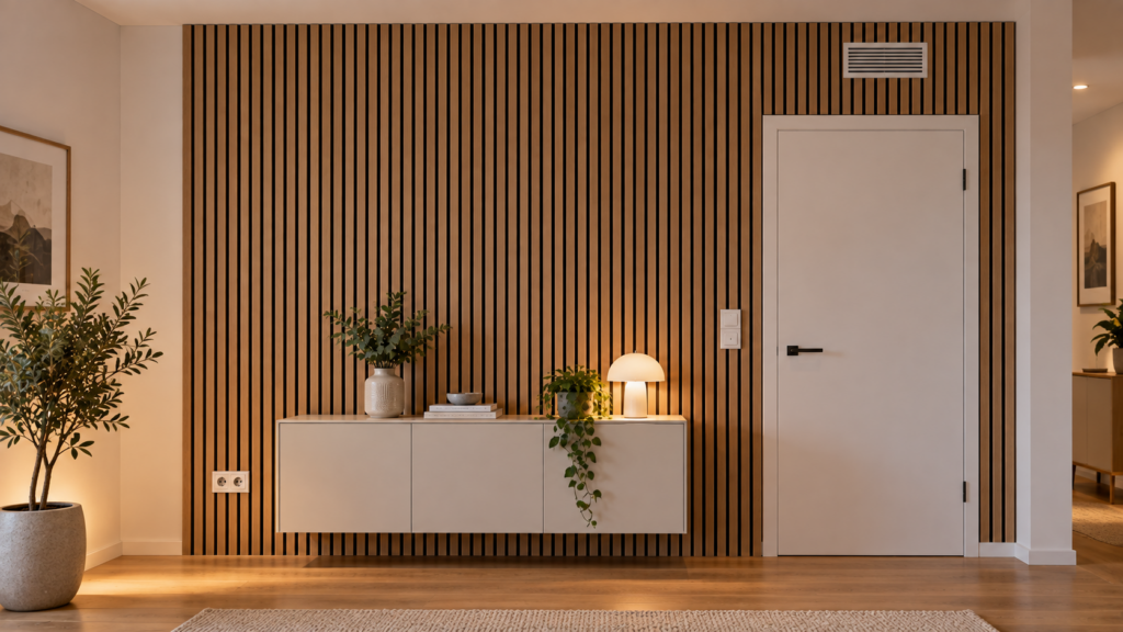 Akustikpaneele bis zur Decke mit Steckdosen Tür und Anschlüssen planen