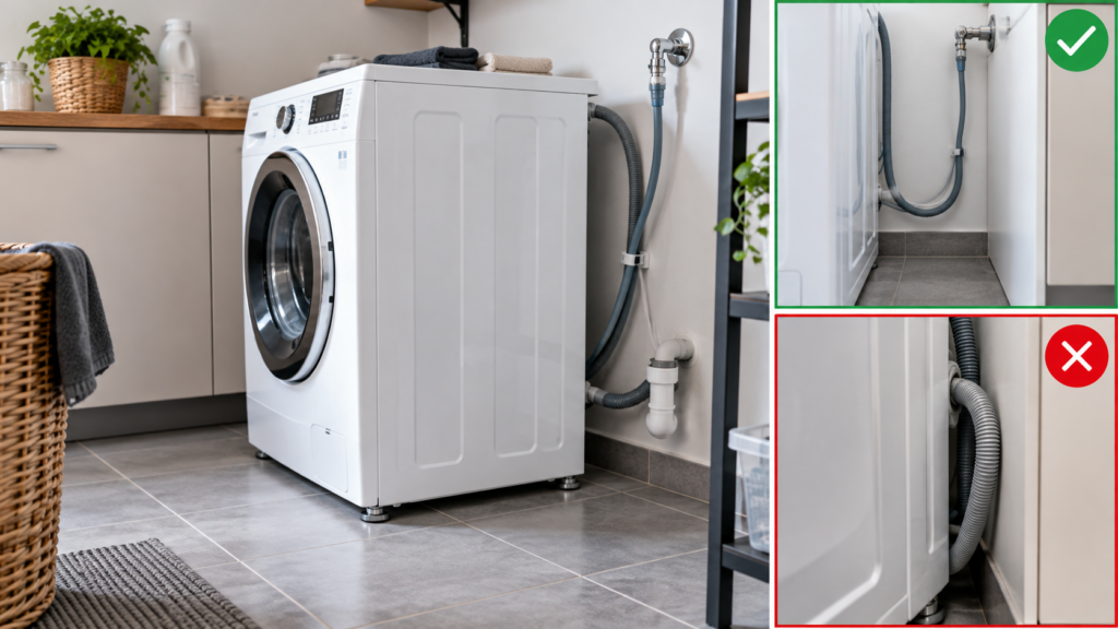 Waschmaschine mit festem Boden, Freiraum und korrekt geführten Schläuchen