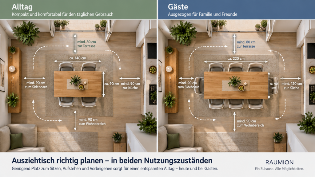 Vergleich eines Ausziehtisches im kompakten Alltagszustand und vollständig ausgezogen für Gäste.