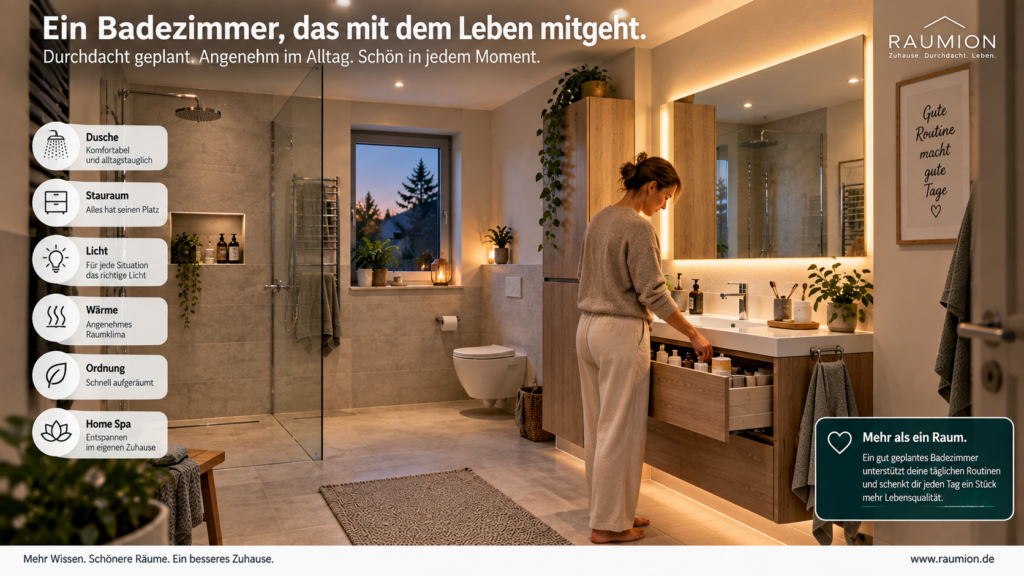 Ruhig gestaltetes funktionales Familienbad mit Dusche, Stauraum und warmem Licht