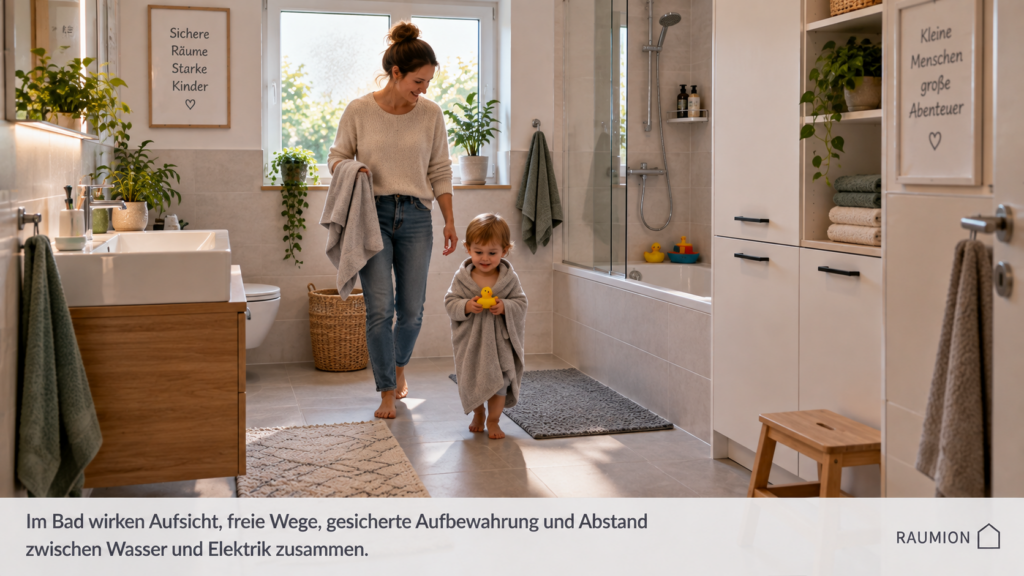 Kindersicheres Badezimmer mit freiem Laufweg und geschlossener Aufbewahrung