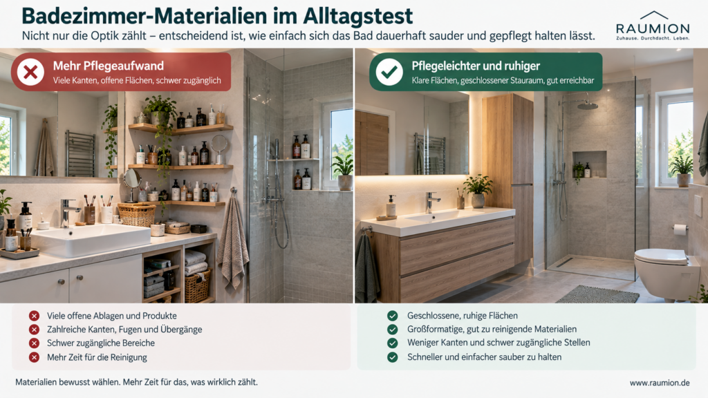 Vergleich pflegeintensiver und pflegeleichter Badezimmergestaltung