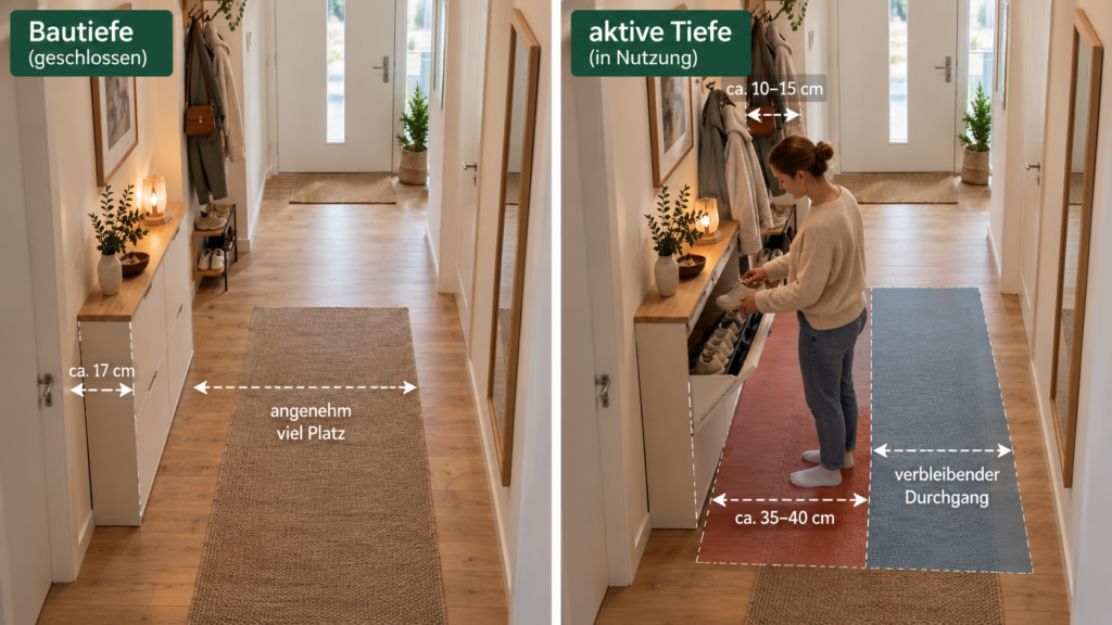 Vergleich von Bautiefe und aktiver Möbeltiefe in einem schmalen Flur.Schmalen Flur gestalten