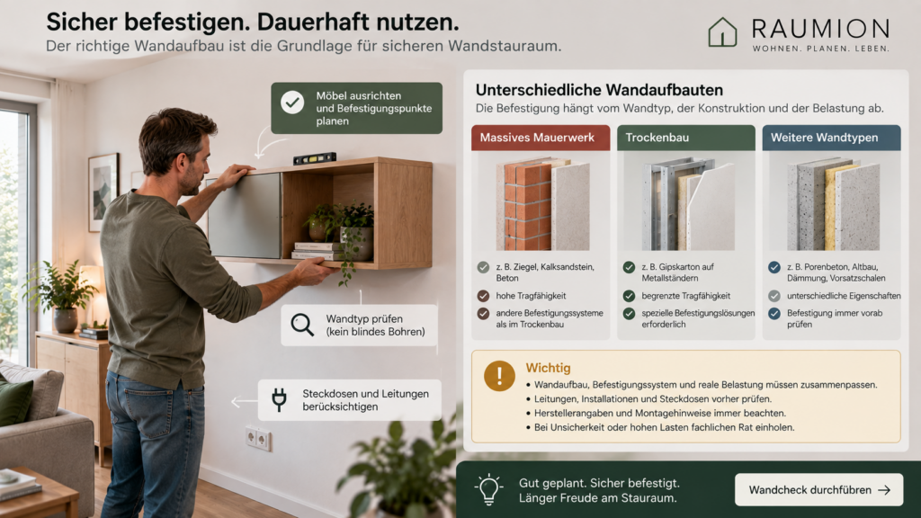 Wandaufbau vor Befestigung eines Hängeschranks prüfen