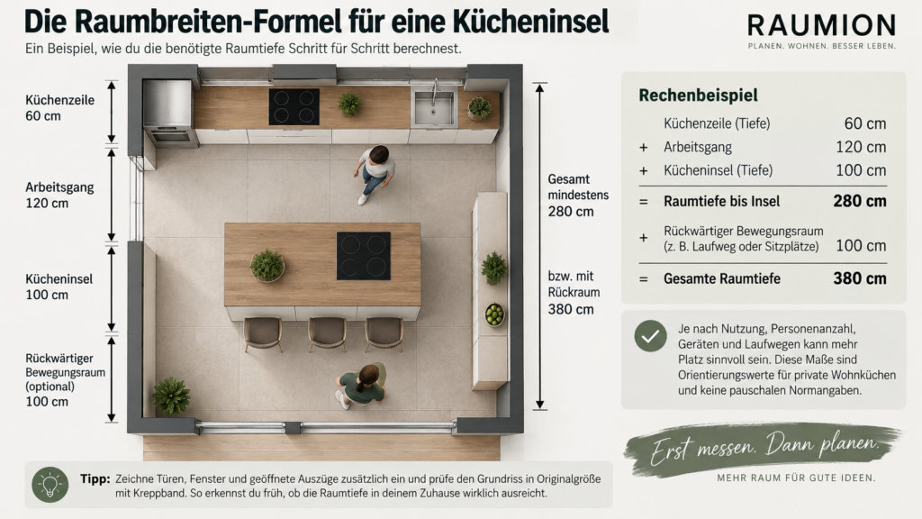 Raummaß für Kücheninsel mit 60 Zentimeter Küchenzeile, 120 Zentimeter Arbeitsgang und 100 Zentimeter Insel